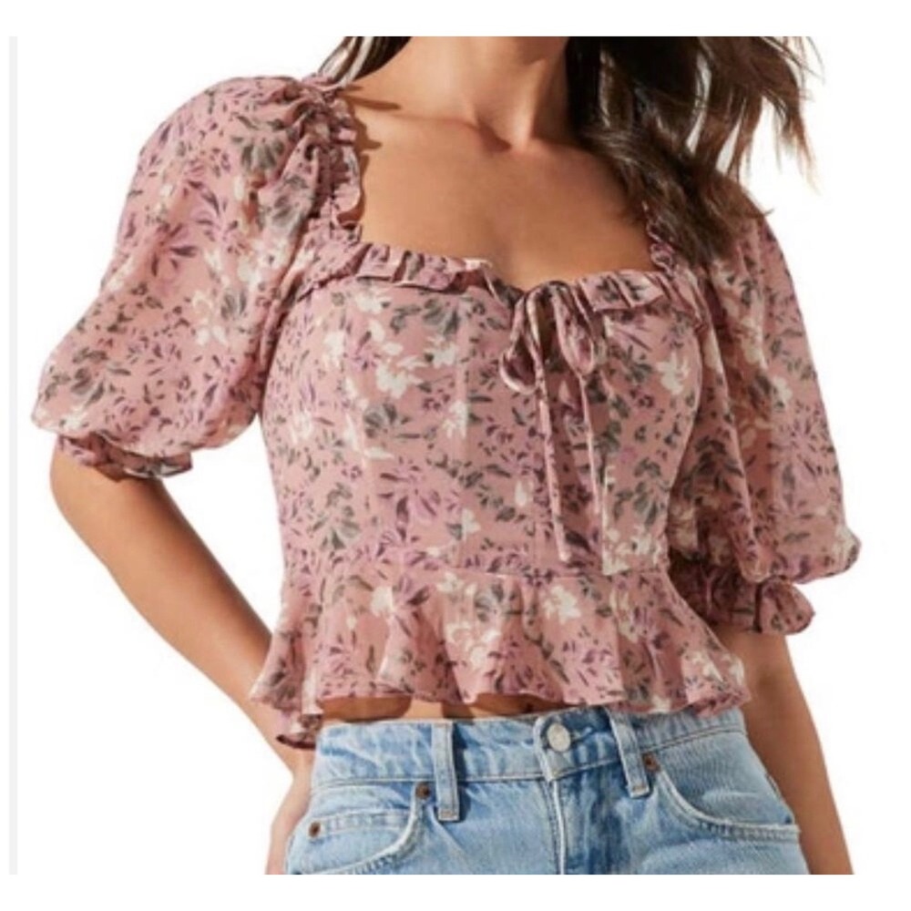 ASTR corset ruffle sheerTop sz XL Blush Mauve Floral Puff Sleeve sheer Y2K